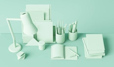 Pastel mavi monokrom çok az ofis masası. Çalışma masası ve çalışma alanı için asgari bir fikir. Model şablonu, 3d oluşturma