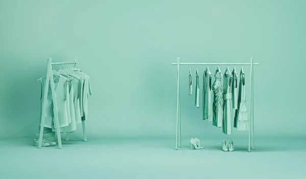 Askıda Giysiler Pastel Yeşil Arka Planda Bir Depo Rafı Askıda — Stok fotoğraf