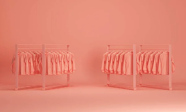 Одяг Вішалці Полиця Зберігання Гарячому Рожевому Тлі Колекція Одягу Висить — стокове фото