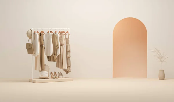 クリームの背景にグランジの背景 フィッティングルームの服 中性ベージュ色のラックにぶら下がって服のコレクション 3Dレンダリング ストアとベッドルームのコンセプト — ストック写真