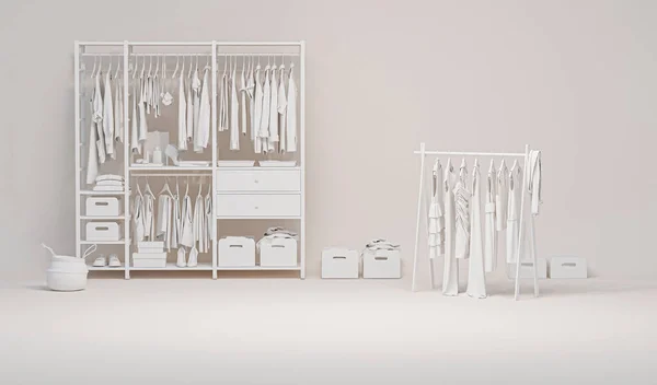 背景はグランジ 背景は白を基調とした棚 中性ベージュ色のラックにぶら下がって服のコレクション 3Dレンダリング ストアとベッドルームのコンセプト — ストック写真