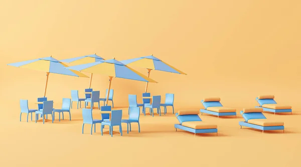 Καρέκλες Παραλίας Και Ομπρέλα Παστέλ Μπλε Και Οργκανικό Φόντο Ταξιδεύουν — Φωτογραφία Αρχείου