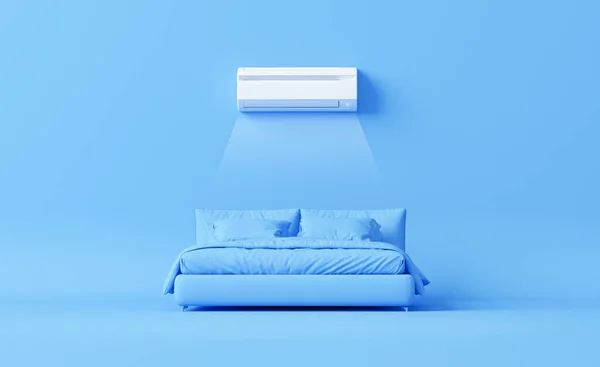 Beyaz klima ve pastel mavi arka planda yatak. Klimayı kontrol etmek, havalandırmayı bölmek. Soğuk ve soğuk iklim kontrol sistemi. Minimalizm kavramı. 3d hazırlayıcı