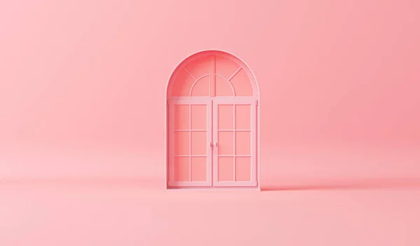 Pink Door, window in monochrome pink color background, single color composition.Trendy 3d render for social media banners, promotion, presentation, picture frame . Stage for fashion on website.