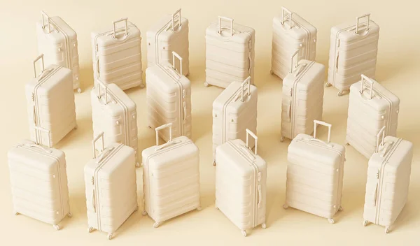 面团米色单色最小包包 小木屋行李在面团奶油背景 旅行夏天的概念 时尚度假手提箱 旅游背景 文字空间 3D渲染 — 图库照片