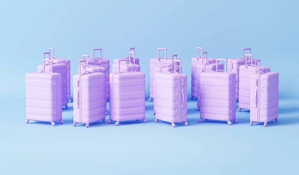 糊状泡泡单色最小包包 小木屋行李在淡蓝色背景 旅游夏季的概念 时尚度假手提箱 旅游背景 文字空间 3D渲染 — 图库照片