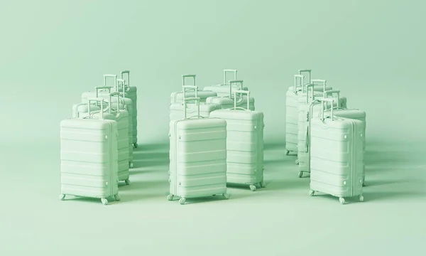 面团蓝色单色最小行李袋 小木屋行李在淡绿色背景 旅行夏季的概念 时尚度假手提箱 旅游背景 文字空间 3D渲染 — 图库照片