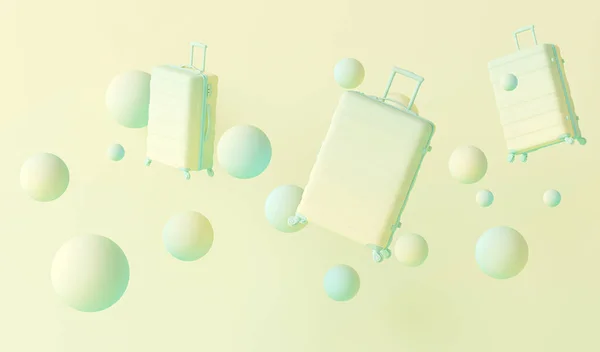 许多行李袋 小木屋的行李都贴上了淡黄色和绿色的背景 旅行夏季的概念 趋势3D渲染社交媒体横幅 — 图库照片