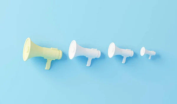 Pastel mavi arka planda bir sürü megafon var. Asgari hoparlörler kopyalama alanı ile kavramsaldır. Farklı bir fikir. Sosyal medya afişleri, promosyon ve ürün için 3D moda hazırlama