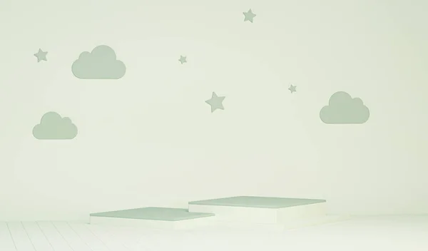 Podyumu Bulutları Soyut Arkaplanı Olan Küçük Sahne Pastel Yeşil Beyaz — Stok fotoğraf