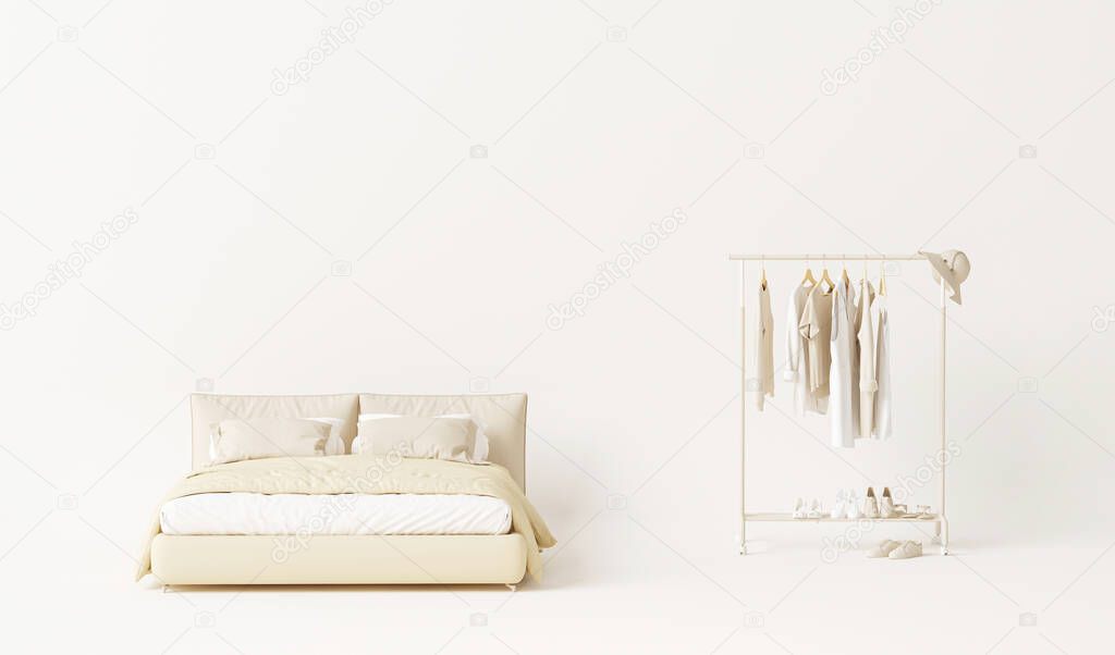 Clothes on grunge and bed , shelf on cream background. Collection of clothes hanging on a rack in neutral beige colors. 3d rendering, store and bedroom concept