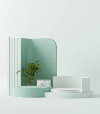 Podyum sahnesi, tropikal izinler ve soyut bir arka plan. Pastel mavi ve beyaz renkler. Sosyal medya afişleri, tanıtım ve kozmetik ürünler için 3D moda. Geometrik şekiller iç kısımda.