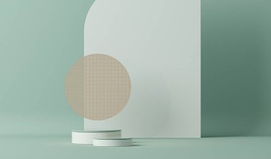 Podyum ve soyut arkaplanı olan en küçük sahne. Pastel mavi ve beyaz renkler. Sosyal medya afişleri, tanıtım ve kozmetik ürünler için 3D moda. Geometrik şekiller iç kısımda.