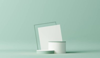 Yuvarlak podyumlu ve soyut arkaplanlı minimal sahne. Pastel mavi ve beyaz renkler. Sosyal medya afişleri, tanıtım ve kozmetik ürünler için 3D moda. Geometrik şekiller iç kısımda.