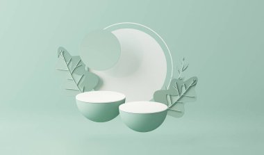 Geometrik formlarla soyut asgari sahne. Beyaz ve yeşil arka planda yapraklarla podyum. ürün sunumu, modelleme, kozmetik ürünü, podyum, sahne kaidesi veya platformu göster. 3 Boyutlu Hazırlama