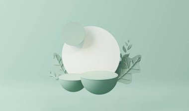 Geometrik formlarla soyut asgari sahne. Beyaz ve yeşil arka planda yapraklarla podyum. ürün sunumu, modelleme, kozmetik ürünü, podyum, sahne kaidesi veya platformu göster. 3 Boyutlu Hazırlama