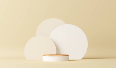 Yuvarlak podyumlu ve soyut arkaplanlı minimal sahne. Pastel bej ve beyaz renkler sahnesi. Sosyal medya afişleri, tanıtım ve kozmetik ürünler için 3D moda. Geometrik şekiller iç kısımda.