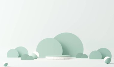 Yuvarlak podyumlu ve soyut arkaplanlı minimal sahne. Pastel mavi ve yeşil renkler sahnesi. Sosyal medya afişleri, tanıtım ve kozmetik ürünler için 3D moda. İç kısımda yüzen geometrik şekiller.