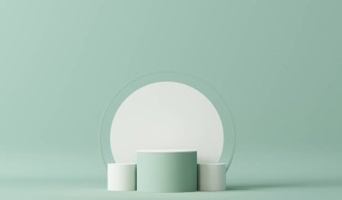 Yuvarlak podyumlu ve soyut arkaplanlı minimal sahne. Pastel mavi ve yeşil renkler sahnesi. Sosyal medya afişleri, tanıtım ve kozmetik ürünler için 3D moda. İç kısımda yüzen geometrik şekiller.