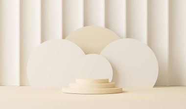 Kazanan podyumu ve soyut arkaplanı olan minimal sahne. Pastel bej ve krem rengi sahne. Sosyal medya afişleri, tanıtım ve kozmetik ürünler için 3D moda. Web sitesinde moda için sahne.