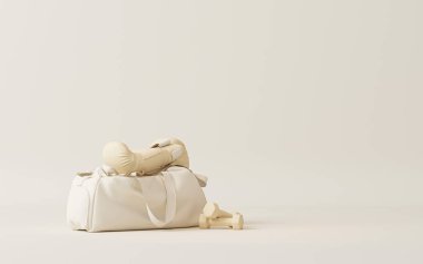 Boks eldiveni, dambıl ve çanta beyaz ve bej renkli arka plan. Asgari spor fikri. Web sayfası, sunum veya resim çerçevesi arkaplanı için 3B hazırlama.