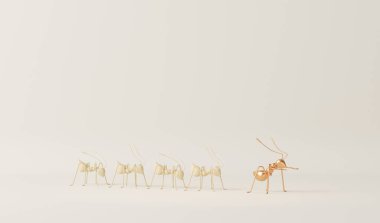 Takım olarak çalışan karınca takımı. Altın karınca hareketi devam ediyor. Bir sıra işçi karınca yiyecek aramak için yürüyorlar. Takım çalışması ve sosyal medya afişleri için 3D modaName