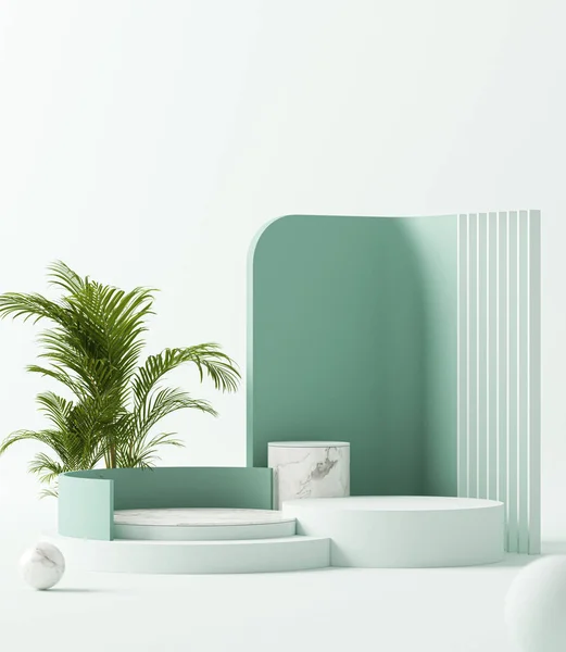 Podyum sahnesi, tropikal izinler ve soyut bir arka plan. Pastel mavi ve beyaz renkler. Sosyal medya afişleri, tanıtım ve kozmetik ürünler için 3D moda. Geometrik şekiller iç kısımda.