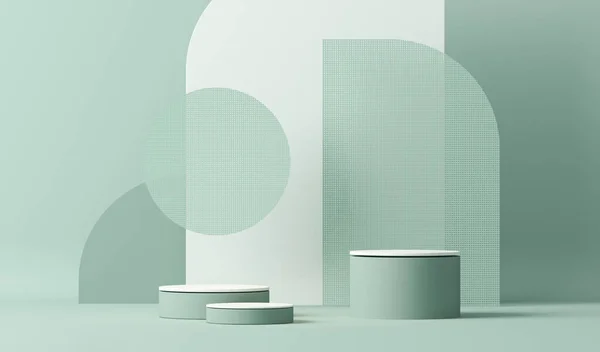 Yuvarlak podyumlu ve soyut arkaplanlı minimal sahne. Pastel mavi ve beyaz renkler. Sosyal medya afişleri, tanıtım ve kozmetik ürünler için 3D moda. Geometrik şekiller iç kısımda.
