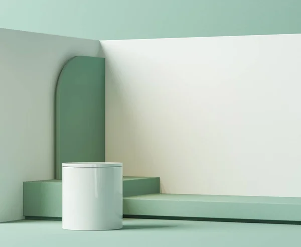 Yuvarlak podyumlu ve soyut arkaplanlı minimal sahne. Pastel mavi ve beyaz renkler. Sosyal medya afişleri, tanıtım ve kozmetik ürünler için 3D moda. Geometrik şekiller iç kısımda.