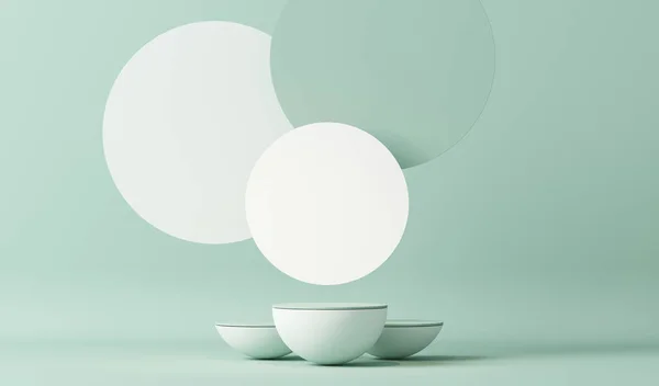 Yuvarlak podyumlu ve soyut arkaplanlı minimal sahne. Pastel mavi ve yeşil renkler sahnesi. Sosyal medya afişleri, tanıtım ve kozmetik ürünler için 3D moda. İç kısımda yüzen geometrik şekiller.