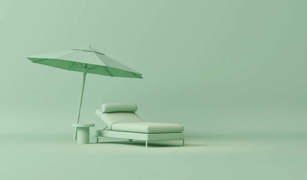 Krzesła Plażowe Parasol Jasnym Pastelowym Zielonym Kolorze Lekkie Tło Przestrzenią — Zdjęcie stockowe