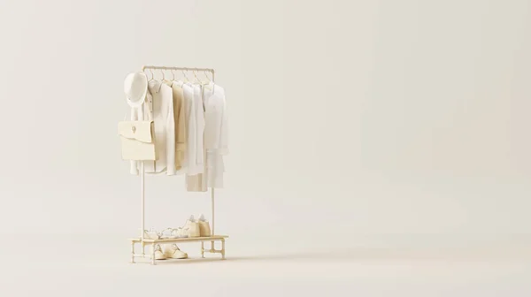 Askıda Giysiler Beyaz Krem Arka Planda Bir Depo Rafı Tarafsız — Stok fotoğraf