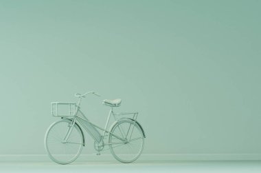 Tek renkli pastel renkli arka planda bisiklet. Sosyal medya için minimum bileşim, çevre dostu ulaşım. Asgari yaratıcı fikir düzeni, dünya gününde çevre koruma kavramı. 3d hazırlayıcı