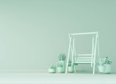 Bir sürü saksı, dekoratif vazo, sade tek renkli salıncak koltuğu yeşil renkte. Kopyalama alanı olan ışık arkaplanı. Web sayfası, sunum veya resim çerçevesi arkaplanı için 3B hazırlama, minimalist iç.