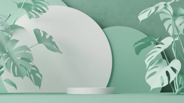 Yuvarlak podyumu, tropikal palmiye ağaçları, canavar yaprakları ve soyut arka planı olan asgari bir sahne. Mavi ve yeşil pastel renkler. Sosyal medya afişleri, promosyon ve kozmetik fuarları için 3D modaName