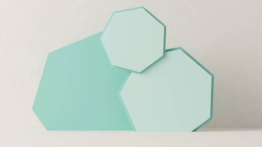 Yuvarlak podyumlu ve soyut arkaplanlı minimal sahne. Pastel yeşil ve beyaz renkler sahnesi. Sosyal medya afişleri, tanıtım ve kozmetik ürünler için 3D moda. Geometrik şekiller iç kısımda.