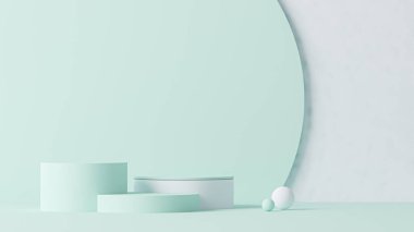 Yuvarlak podyumlu ve soyut arkaplanlı minimal sahne. Pastel yeşil ve beyaz renkler sahnesi. Sosyal medya afişleri, tanıtım ve kozmetik ürünler için 3D moda. Geometrik şekiller iç kısımda.