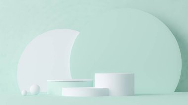 Yuvarlak podyumlu ve soyut arkaplanlı minimal sahne. Pastel yeşil ve beyaz renkler sahnesi. Sosyal medya afişleri, tanıtım ve kozmetik ürünler için 3D moda. Geometrik şekiller iç kısımda.