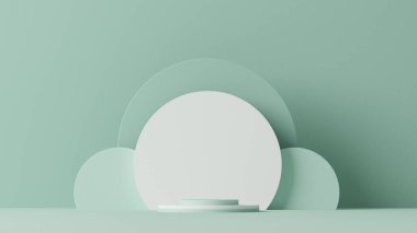 Yuvarlak podyumlu ve soyut arkaplanlı minimal sahne. Pastel yeşil ve beyaz renkler sahnesi. Sosyal medya afişleri, tanıtım ve kozmetik ürünler için 3D moda. Geometrik şekiller iç kısımda.