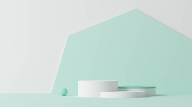 Podyum ve soyut arkaplanı olan en küçük sahne. Pastel mavi ve yeşil renkli sahneler. Sosyal medya afişleri, tanıtım ve kozmetik ürünler için 3D moda. Geometrik şekiller iç kısımda.