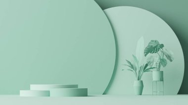 Podyum sahnesi, tropikal palmiye yaprakları ve soyut arka plan. Pastel mavi ve yeşil renkler sahnesi. Sosyal medya afişleri, promosyon ve ürün için 3D moda hazırlama