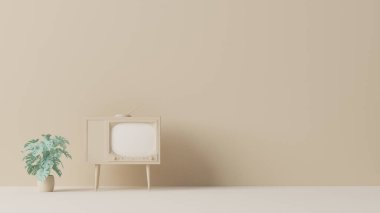 Retro televizyon - eski model televizyon ve pastel krem ve bej arka planda saksı. Sosyal medya afişleri, tanıtım, sunum, resim çerçevesi için 3d modayı oluşturma