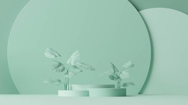 Podyum sahnesi, tropikal palmiye yaprakları ve soyut arka plan. Pastel mavi ve yeşil renkler sahnesi. Sosyal medya afişleri, promosyon ve ürün için 3D moda hazırlama