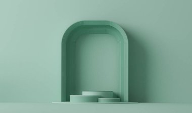 Kürsü, kubbe ve soyut arkaplan sahnesi. Pastel mavi ve yeşil renkler sahnesi. Sosyal medya afişleri, tanıtım ve kozmetik ürünler için 3D moda. Geometrik şekiller iç kısımda.