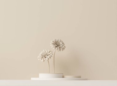 Podyum, çiçek ve soyut arkaplan sahnesi. Pastel krem rengi sahnesi. Sosyal medya afişleri, tanıtım ve kozmetik ürünler için 3D moda. Geometrik şekiller iç kısımda.