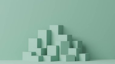 Podyum ve soyut arkaplanı olan en küçük sahne. Pastel mavi ve yeşil renkli sahneler. Sosyal medya afişleri, tanıtım ve kozmetik ürünler için 3D moda. Geometrik şekiller iç kısımda.