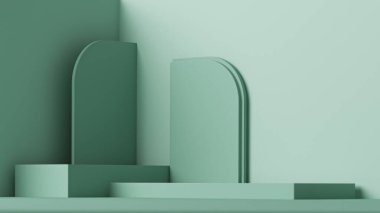 Podyum ve soyut arkaplanı olan en küçük sahne. Pastel mavi ve yeşil renkli sahneler. Sosyal medya afişleri, tanıtım ve kozmetik ürünler için 3D moda. Geometrik şekiller iç kısımda.