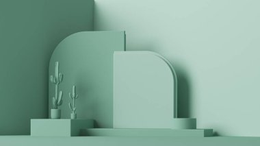 Podyum ve soyut arkaplanı olan en küçük sahne. Pastel mavi ve yeşil renkli sahneler. Sosyal medya afişleri, tanıtım ve kozmetik ürünler için 3D moda. Geometrik şekiller iç kısımda.
