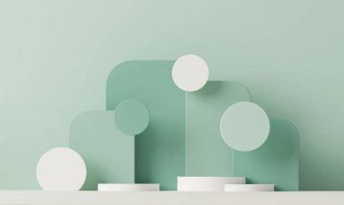 Podyum ve soyut arkaplanı olan en küçük sahne. Pastel mavi ve beyaz renkler. Sosyal medya afişleri, tanıtım ve kozmetik ürünler için 3D moda. Geometrik şekiller iç kısımda.