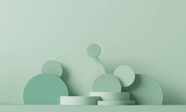 Podyum ve soyut arkaplanı olan en küçük sahne. Pastel mavi ve beyaz renkler. Sosyal medya afişleri, tanıtım ve kozmetik ürünler için 3D moda. Geometrik şekiller iç kısımda.
